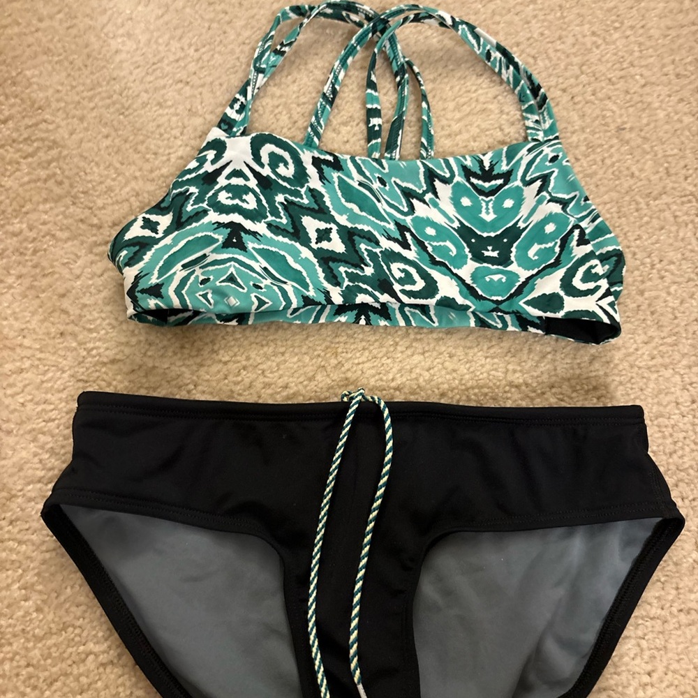 Jolyn Clothing Teal Patterned Bikini Top and Black Bottom